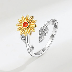 Rotating Sunflower Open <b>Rings</b> Pave Set Zircon Copper Gold Plated You Are My Sunshine Stress Relief Jewelry For <b>Couple</b> Gifts - Product Image 6