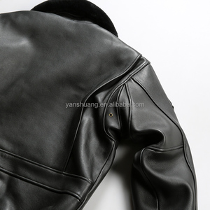 Áo khoác bomber da thật nam màu đen, kiểu dáng cổ điển, chất liệu lông cừu shearling, da cừu cao cấp, size lớn, thêu tùy chỉnh OEM. - Product Image 6