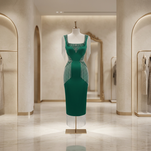 <b>Emerald</b> Green Midi Sheath <b>Dress</b> with Crystal Fringe Shoulder Detail and Embellished Waist Design for Elegant Evening Party - Product Image 2