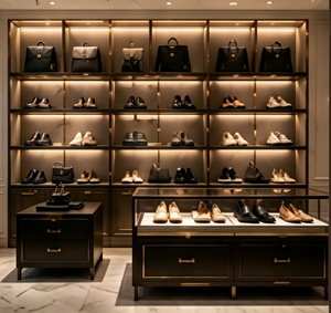 Luxury Bespoke Menswear Store Interior Design <b>Walnut</b> Antique Bronze Brushed Stainless Steel Eco-Friendly Heavy Duty Full Set - Product Image 4