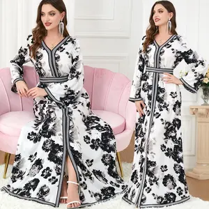 Abito da festa stile caftano islamico a figura intera islamico stile cintura di lusso da donna 2024 ricamo stile Abaya musulmano manica lunga