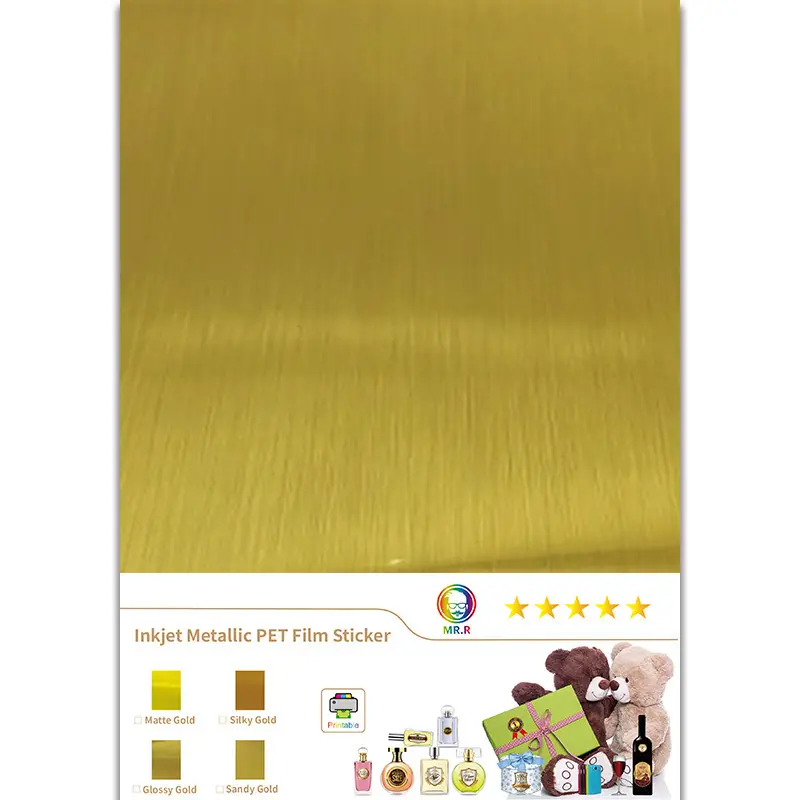 Rouleau de papier autocollant A4 doré en PET, 80/100gsm, jet d'encre métallique, couleur dorée, pour Film