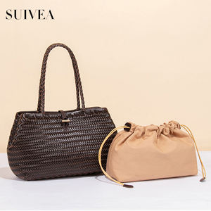 Sac fourre-tout rétro en cuir véritable tressé à la main, chic et décontracté, pour femme - Product Image 3