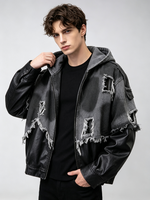 Veste personnalisable en patchwork brut effiloché, bicolore, délavée, zippée, à capuche, style grunge streetwear pour homme