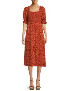 100% Ecovero Viscose Eco Friendly Women Dresses Square Neckline Elbow Length Sleeve Knee Length Allover Print Smocked Midi Dress