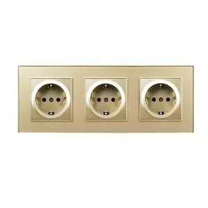 Wallpad Gold Glass Frame Triple EU Wall Sockets Wall Mounted 3-Way Multiple Euro Russia Electrical Power Socket 16A 220V