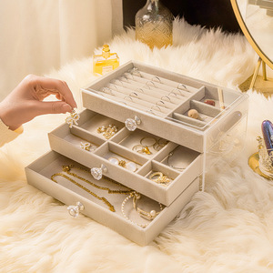 Jewelry Storage <b>Box</b> Three Layer Velvet Acrylic Organizer For Rings Necklaces Earrings Jewelry <b>Display</b> Case Beige Gray Color - Product Image 2