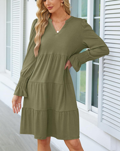 Premium Elegant Ladies V-Neck Long Sleeve <strong>Floaty</strong> Ruffle <strong>Dress</strong> Fashion Summer Collection Knee-Length Travel Beach Solid Sun <strong>Dress</strong> - Product Image 4