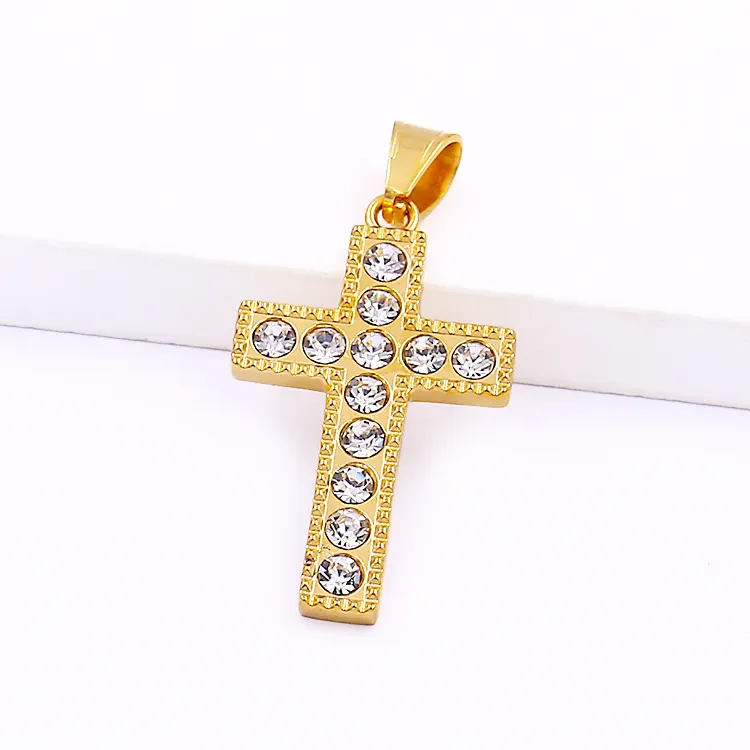 Hot Selling Vintage Religious White Crystal Iced Out Jewelry Cross Charms Stainless Steel Pendant For Man And Women