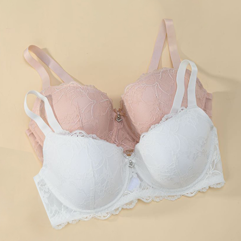 Wholesale in Stock Plus Size Romantic Women Bra See-Through Floral Embroidery Wavy Lace Hollow Out Bow Underwire Push up Bra