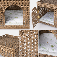 Villa pour chat tressée à la main YAOYUE avec entrée arquée, coussin amovible imprimé avocat, rotin PE kaki et acier carbone 52,5x47x49cm