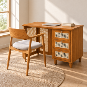 Escritorio Moderno de Madera con Paneles de Ratán en los Cajones y Sillón a Juego, Conjunto de Muebles Escandinavos para Oficina en Casa - Product Image 1