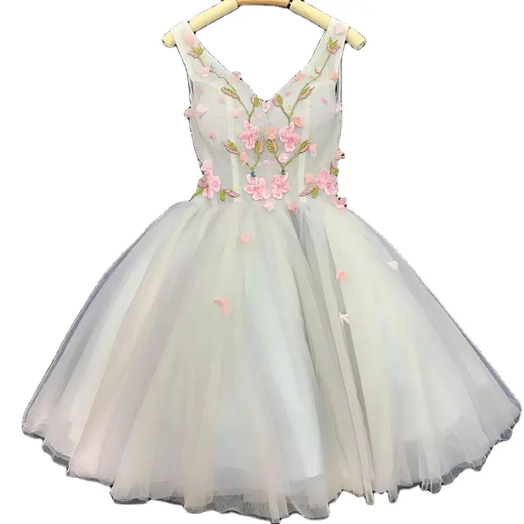 short skirt v neck Plus size above knee length backless bridesmaid dress