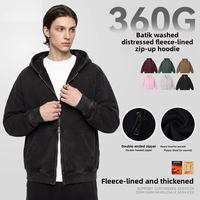 Pakaian Pria |   Sweatshirt Retro Amerika Berwarna Lilin, Efek Usang, 360g Berlapis Fleece, Ritsleting Ganda, Bahu Jatuh, Vintage