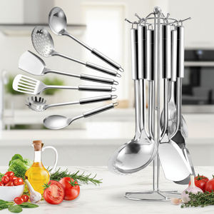Juego de utensilios de cocina de acero inoxidable, cuchara de cocina, espátula, colador, con soporte, 7 Uds. - Product Image 3
