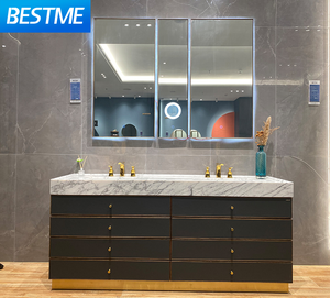 Tocador de madera de gran tamaño para baño, encimera simple y elegante de mármol, cerámica <span class=keywords><strong>doble</strong></span>, cuenco, luces LED - Product Image 1