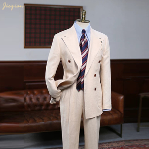 Costume 3 pièces sur mesure <span class=keywords><strong>de</strong></span> luxe beige en mélange <span class=keywords><strong>de</strong></span> laine australienne coupe ajustée pour homme, idéal pour mariages et affaires haut <span class=keywords><strong>de</strong></span> gamme - Product Image 3