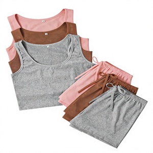 Women's 2-Piece V-neck Knitted Lounge Set Sleeveless Tank Top Elastic Waist Drawstring Shorts Solid Color Breathable Casual - Product Image 2