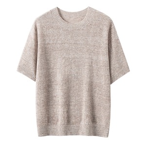 T-shirts décontractés à manches courtes pour femmes en lin et coton avec col à paillettes et rayures, hauts respirants, mode féminine - Product Image 1