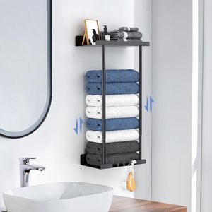 Adjustable Wall Mounted Towel Rack Retractable Bathroom Towel Holder Multi Layer Black Metal <b>Bath</b> Towel Storage <b>Shelf</b> with Hook - Product Image 6