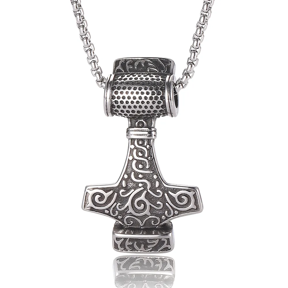 Stainless Steel Thor Hammer Mjolnir and Norse Viking Wolf Black Pendant cool style for Men//