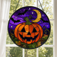 Lanterne Jack-O'-Lantern d'Halloween : Décoration de fenêtre ronde en verre teinté, ornement d'Halloween de 20 cm, lanterne Jack-O'-Lantern faite à la main