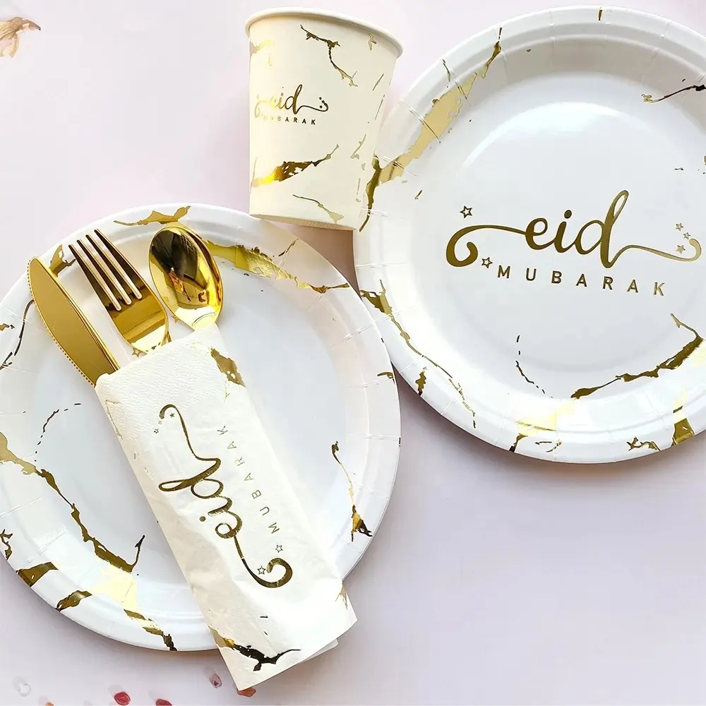 luxurious marble gold stamping foil eid plate cup napkin eid mubarak decorations