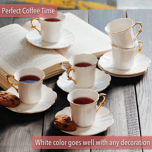 Tasses à café en porcelaine de luxe blanches avec bordure dorée, pour cappuccino, boissons spéciales, latte, café, mocha, thé, expresso, avec soucoupes - Product Image 5
