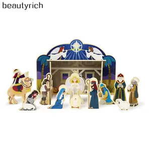 Kayu Kelahiran Set Kecil Buatan Tangan Dekorasi untuk Natal Nativity Figurine Kayu Kelahiran Set