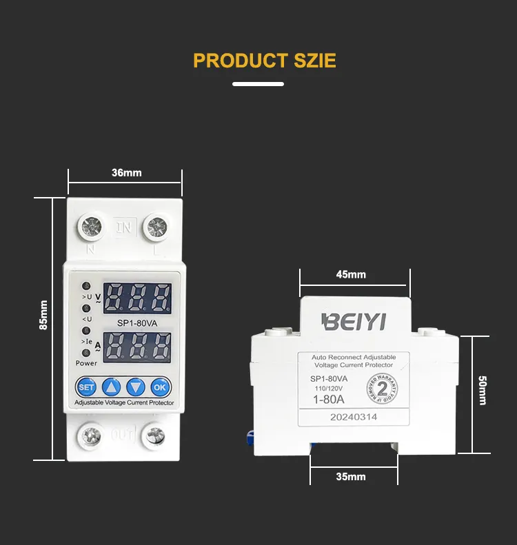 Vendite calde din rail tipo 1-80A 110V regolare oltre il protettore del limitatore di tensione su corrente con doppio display digitale