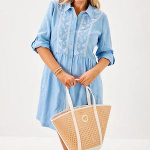 Vestido de Lino de Manga Corta Elegante para Mujer, Diseño a Rayas, Informal y Moderno, de Alta Calidad para Verano, Personalizado OEM - Product Image 3