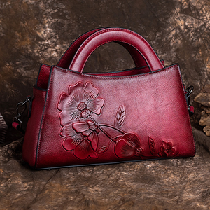 Borsa a Mano Vintage in Vera Pelle da Donna 2024, Stile Retrò Country, Grande Capacità, Pratica Tracolla, Cerniera, Motivo Floreale in Rilievo - Product Image 5