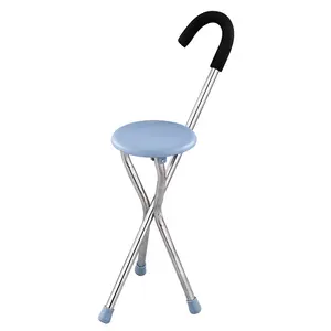 Bâton de canne réglable antidérapant à quatre pattes portable extérieur rétractable en aluminium pliable avec chaise de siège