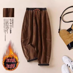 Corduroy Fleece <b>Lined</b> Thickened Harem <b>Pants</b> Women Autumn Winter Casual Loose Fit Tie Waist Micro Elasticity <b>Pants</b> - Product Image 1