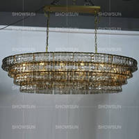 Lustre en verre ovale fait main de 65 pouces, style américain rétro, 4 couches, verre fumé, laiton, pour grand salon, table à manger