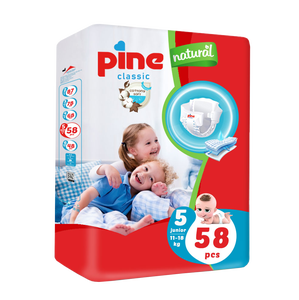 PINE Classic Junior Couches pour bébé en coton respirant, anti-irritation, jetables, haute absorption, ailes flexibles, protection 3D contre les fuites - Product Image 1