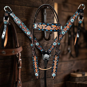 Ensemble de têtière et de collier de poitrail western personnalisables, peints à la main, durables, en cuir véritable souple de qualité supérieure, légers, pour équipement de selle - Product Image 2