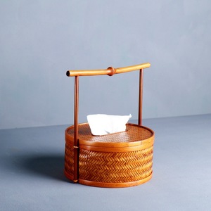 Solo Rhyme Bamboo Woven Tissue Box Round Handmade New Chinese Style Living Room Decor Multipurpose Flat Paper Storage - Product Image 2