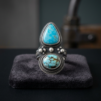 Bague Bohème Mignonne en Argent Sterling 925 Ancien, Sertie de Pierre Turquoise, Faite à la Main, en Argent Massif, Certifiée par un Certificat de Troisième Partie