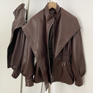 OFTBUY Veste en cuir PU pour <span class=keywords><strong>femme</strong></span>, col montant, élégante, style moto, manteau trench, vêtement d'extérieur, streetwear, printemps automne - Product Image 4