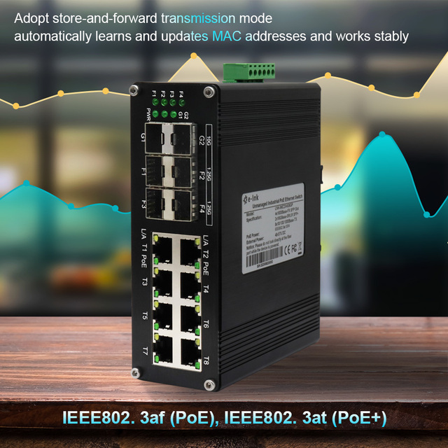 E-link Industrial 8-Port Gigabit 802.3at PoE + 4-Port 1G SFP + 2-Port 10G SFP+ Ethernet Switch for Networking Aluminum Case