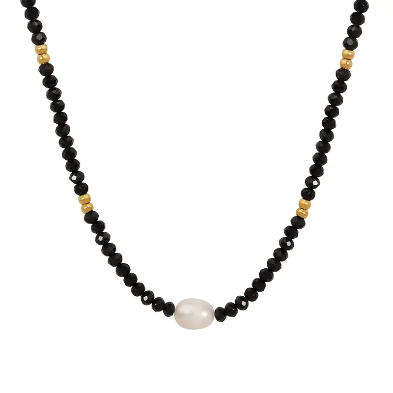 Оптовая продажа, Женское Ожерелье из черного стекла с одним пресноводным жемчугом из нержавеющей стали с покрытием из 18-каратного золота