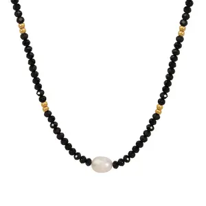 Wholesale Custom 18K Gold Plated Stainless Steel Single Freshwater Pearl Black Glass Bead Necklace for Women