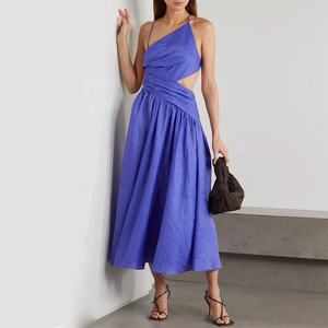 New Fashion Casual Ruffle Straps Cross Backless Flax Dresses asimmetrico eco-friendly lino <span class=keywords><strong>Midi</strong></span> Dress - Product Image 4
