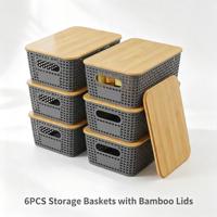 6 boîtes de rangement rectangulaires avec couvercle en bambou, empilables, pour salle de bain, cuisine, vêtements, chaussures