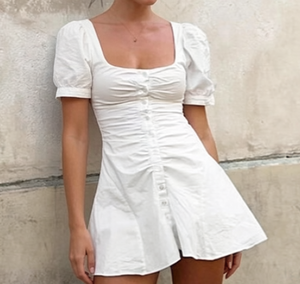 Nuevo Diseño <span class=keywords><strong>Vestido</strong></span> Mini Vintage Blanco con Cuello <span class=keywords><strong>Cuadrado</strong></span> para Mujer, <span class=keywords><strong>Manga</strong></span> <span class=keywords><strong>Abullonada</strong></span>, Fruncido y Botones al Frente, Estilo Casual - Product Image 4