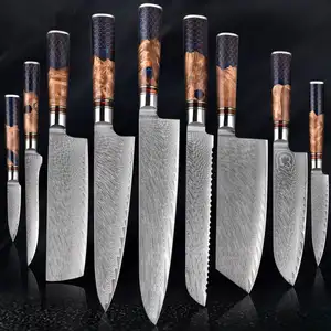 Kitchen Knives Set 67 Layer Damascus Steel Resin Honeycomb Handle Sharp Cut Meat Cooking Santoku Chef Knife Set