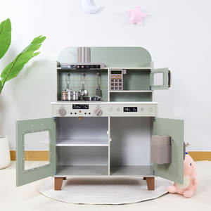 Cuisine de jeu moderne en bois vert sauge pour enfants avec micro-ondes, four, hotte et cuisinière - Jouet de simulation Montessori - Product Image 4