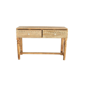 Table console 2 tiroirs Design sculpté Bois de manguier massif Finition dégradée naturelle et blanche Dos Mdf - Product Image 4