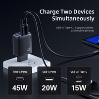 Chargeur rapide électrique 45W PD double port avec affichage numérique USB-C USB-A PPS pour ordinateur portable, appareil photo, voyage, universel, ignifuge et sûr